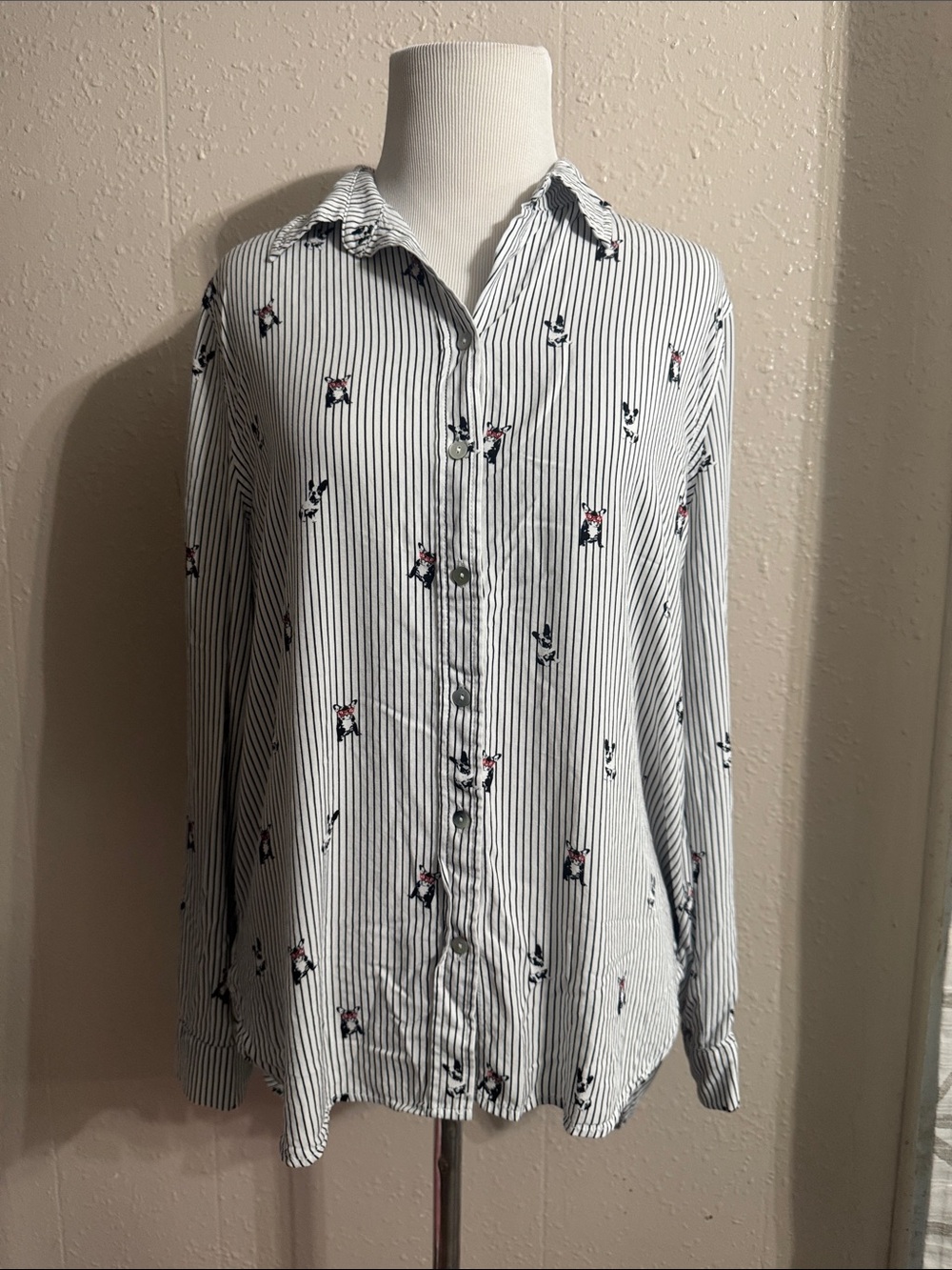 Striped White and Black Button-Up Shirt with Subtle Embroidery